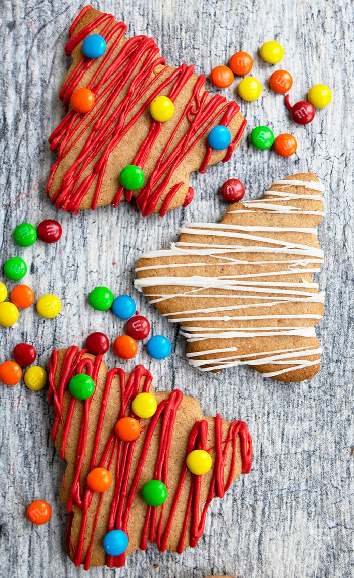Christmas Gingerbread Cookies Decorated with Melted Chocolate and M&M Candies
