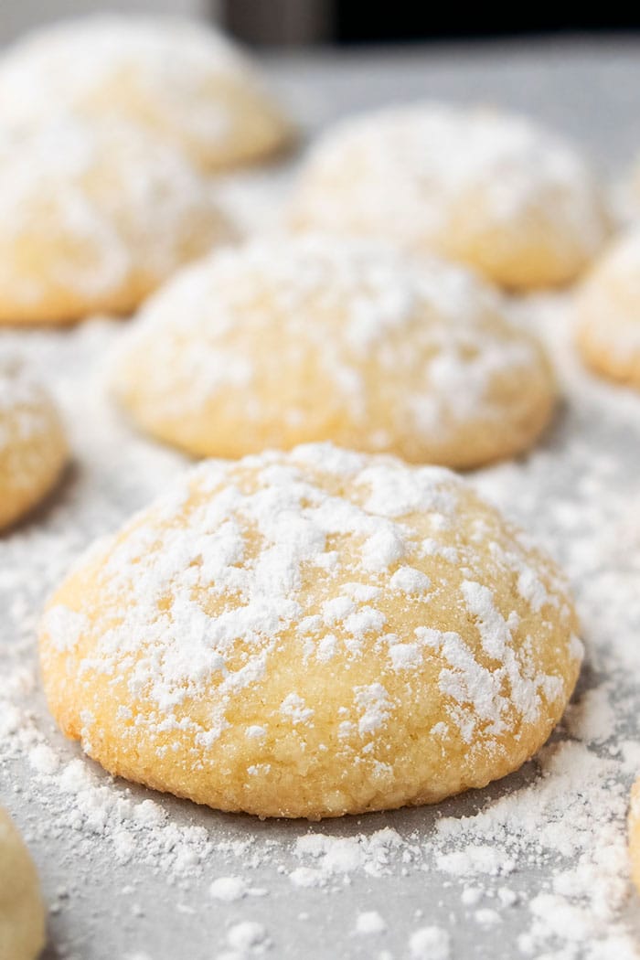 Soft Vanilla Cookies Sprinkled with Powdered Sugar on White Parchment Paper