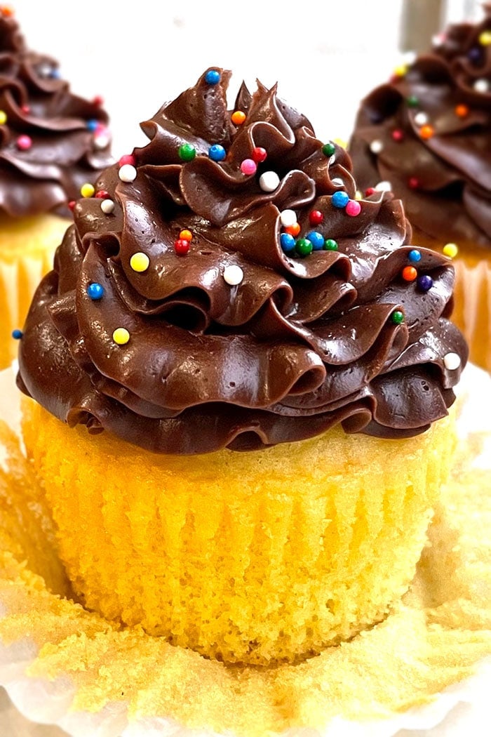 Homemade Butter Cupcakes with Chocolate Buttercream Frosting- Cupcake Liner Removed