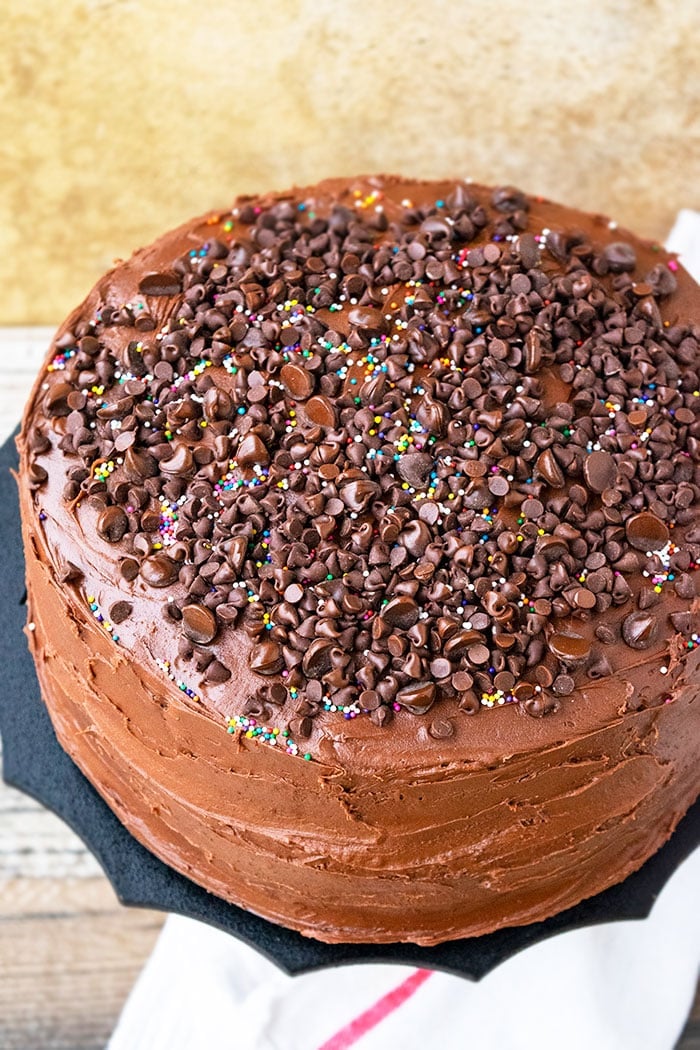 Homemade Triple Chocolate Cake with Chocolate Frosting on Black Stand and Rustic Wood Background 
