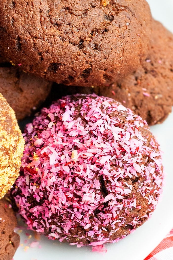 Closeup Shot of Pink Chocolate Coconut Cookies in White Plate