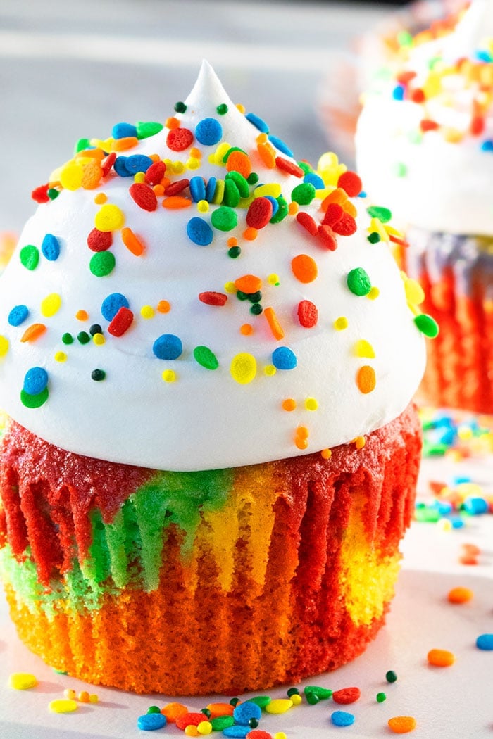 Easy Homemade Rainbow Cupcakes with Whipped Cream- Cupcake Liner Removed