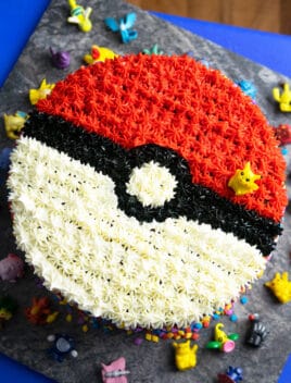 Easy Pokemon Cake (Pokeball Cake) on Square Gray Plate- Overhead Shot