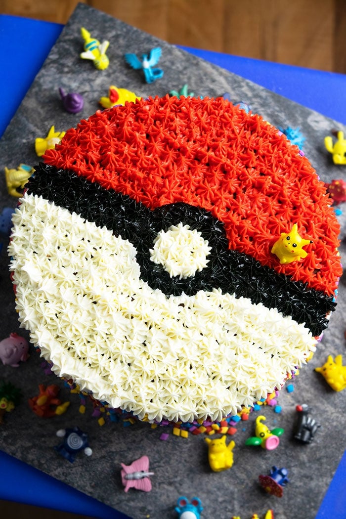 Easy Pokeball Cake on Gray Plate- Overhead Shot