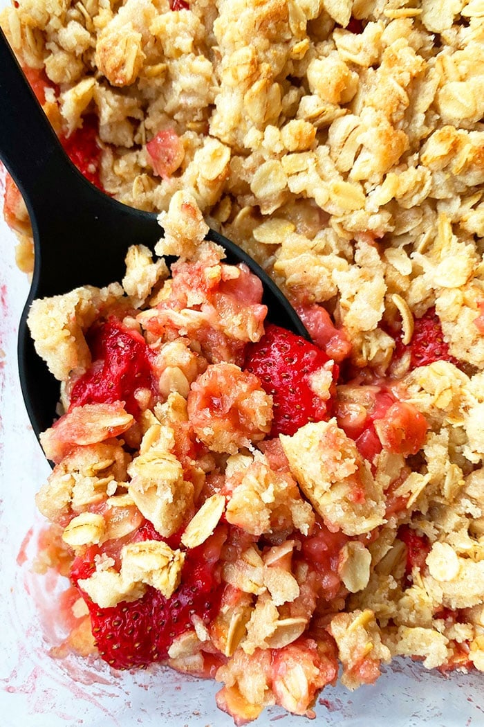 Easy Homemade Strawberry Crumble in Glass Baking Dish