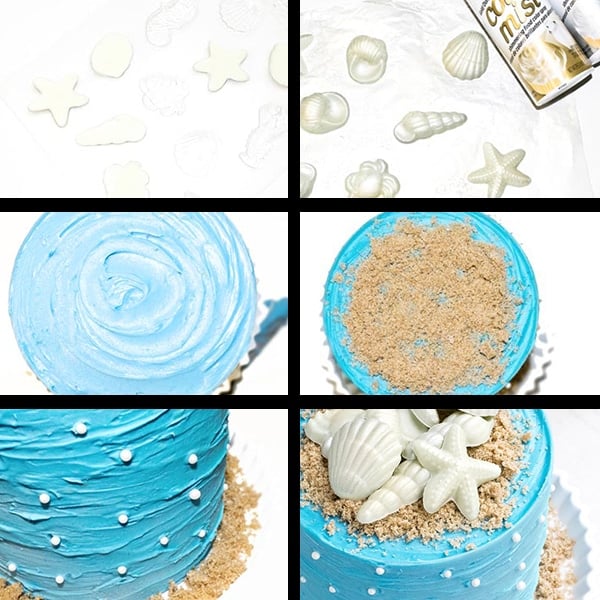 Collage Image With Step by Step Process Shots on How to Make Beach Cake (Ocean Theme Cake)