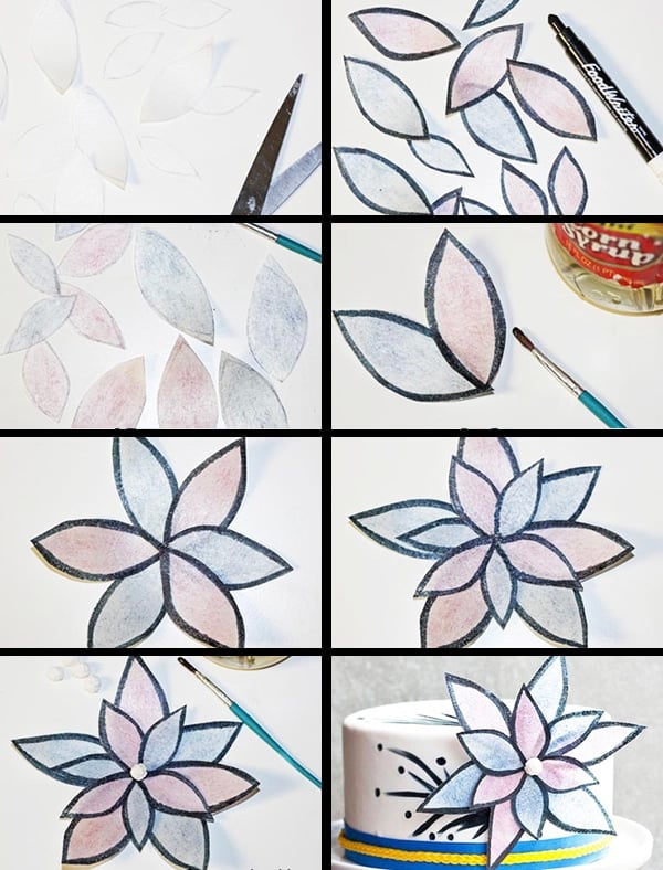 Collage Image With Step by Step Pictures on How to Make Wafer Paper Flowers