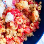 Easy Homemade Strawberry Rhubarb Crisp or Crumble in Blue Bowl