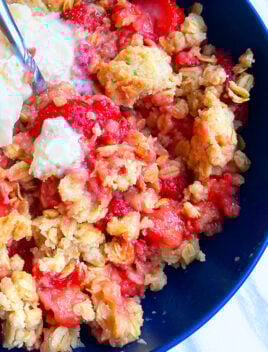 Easy Homemade Strawberry Rhubarb Crisp or Crumble in Blue Bowl