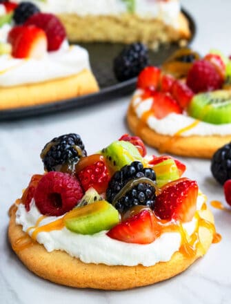 Easy Dessert Pizza With Fresh Fruits on Marble Background