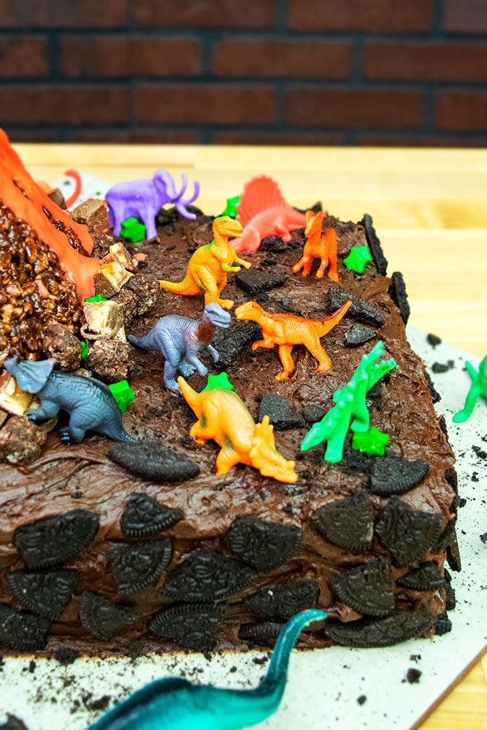 Closeup Shot of Dinosaur Volcano Cake on Wood Background