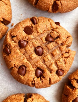 Easy Chocolate Peanut Butter Cookies on White Parchment Paper- Overhead Shot
