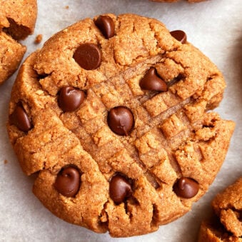 Easy Chocolate Peanut Butter Cookies on White Parchment Paper- Overhead Shot