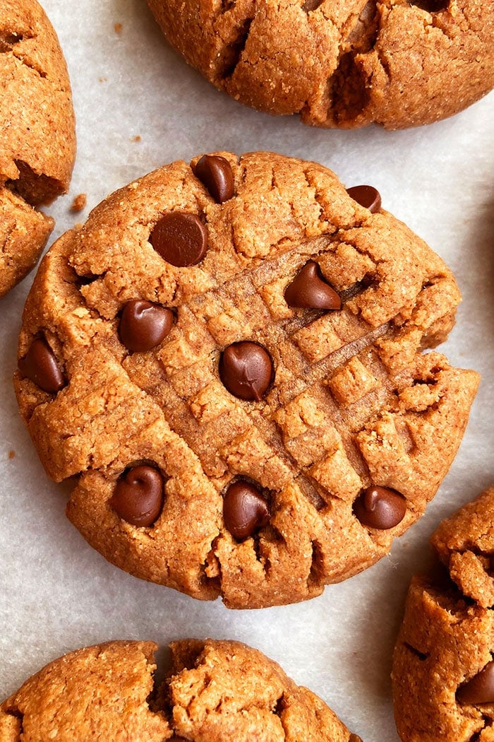 Easy Chocolate Peanut Butter Cookies on White Parchment Paper- Overhead Shot