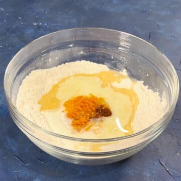 Wet ingredients added to dry mixture. 