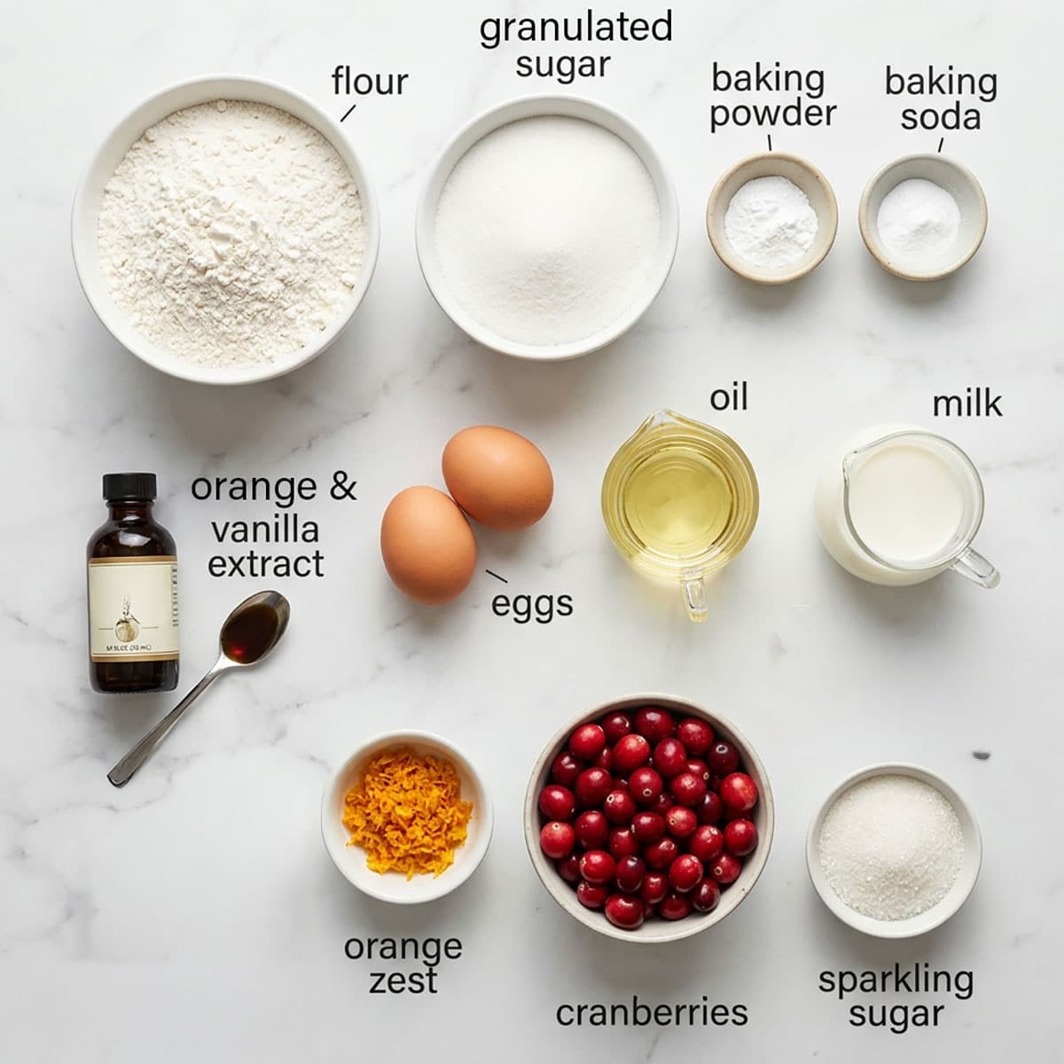 Ingredients for recipe on white marble background- extracts, cranberries, leavening agents, flour, milk, oil, eggs, orange zest. 