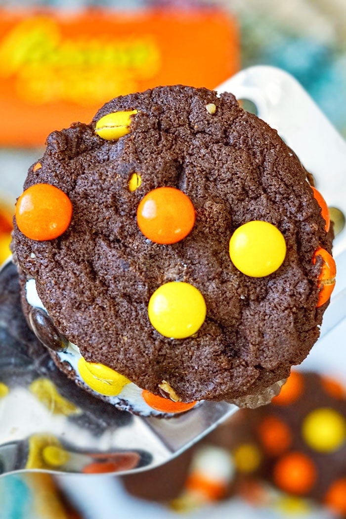 Closeup Shot of Easy Soft and Chewy Reeses Cookies With Cake Mix on Large Spatula