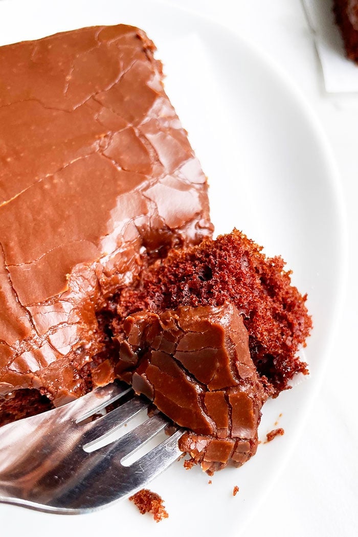 Fork Full of Easy Chocolate Cake With Chocolate Glaze
