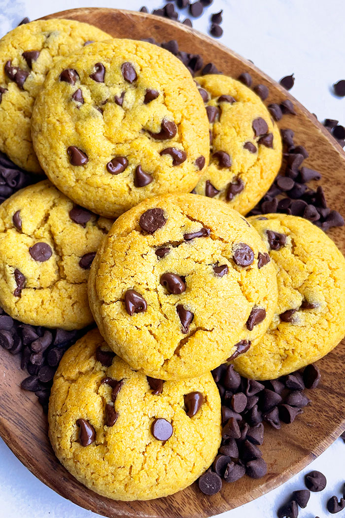 Fluffy and Soft Pumpkin Cookies With Chocolate Chips in Brown Plate