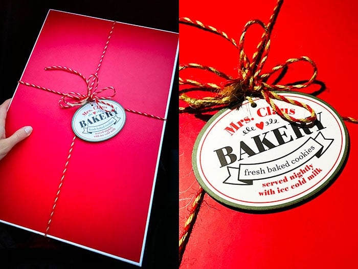 Homemade Red Cookie Box With Closeup of Ribbon and Label