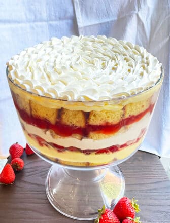 Easy English Trifle (Christmas Trifle) in Glass Dish on Wood Table