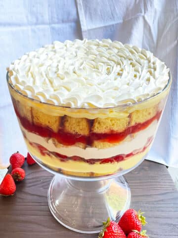 Easy English Trifle (Christmas Trifle) in Glass Dish on Wood Table