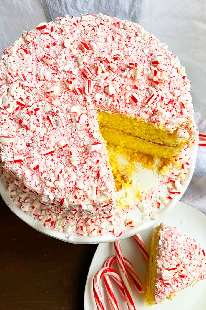 Christmas Cake With Peppermint Icing With One Slice Removed- Overhead Shot