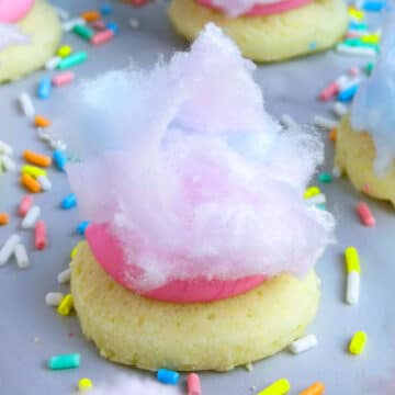 Easy Cotton Candy Cookies on White Marble Background With Sprinkles.