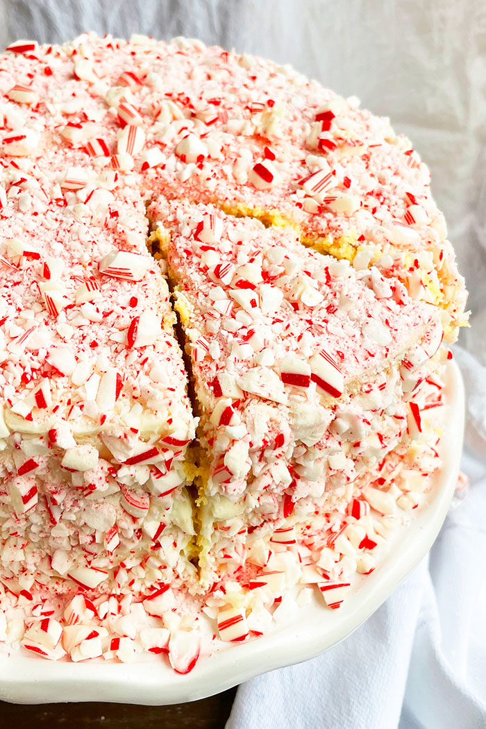 Easy Holiday Peppermint Cake on White Cake Stand