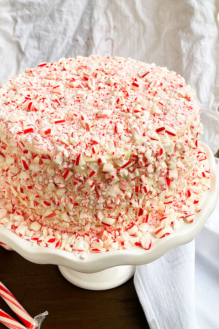 Easy Christmas Candy Cane Cake on White Cake Stand 