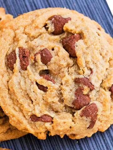 Best Easy Soft and Chewy Small Batch Peanut Butter Cookies With Chocolate Chips on Striped Gray Background- Closeup Shot.