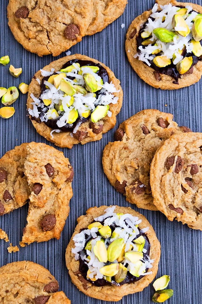 Easy Small Batch Cookies With Peanuts, Pistachios, Ganache on Gray Background- Overhead Shot