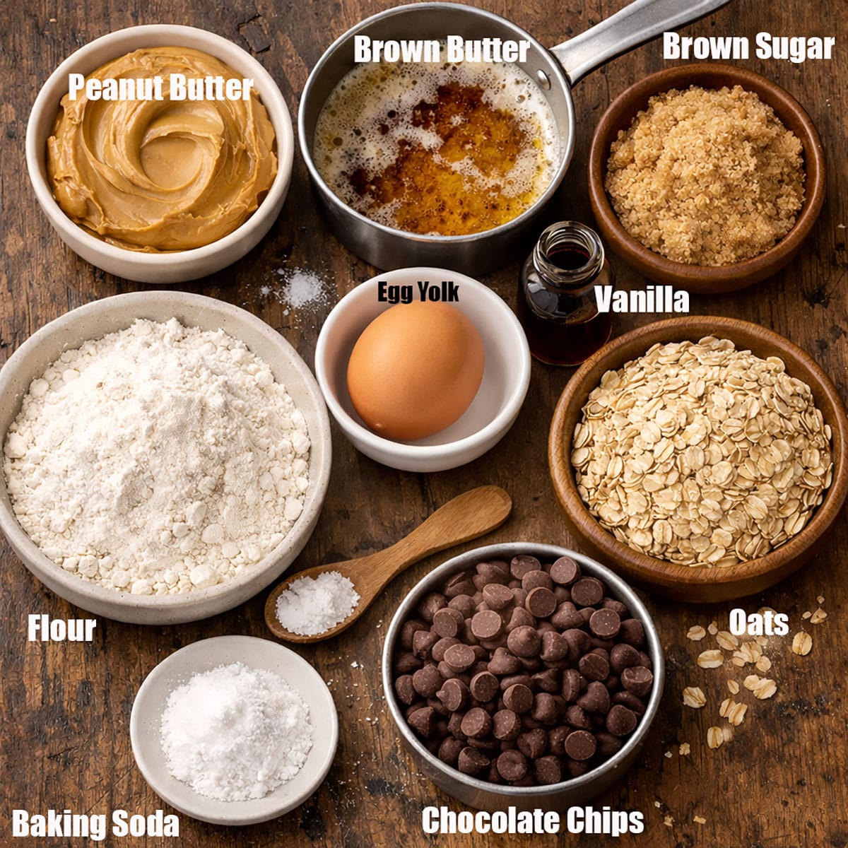Ingredients for recipe in individual bowls on wood background. 