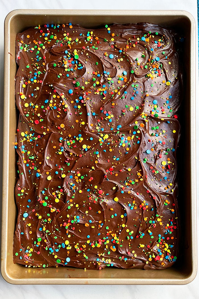Closeup Shot of Chocolate Frosting With Sprinkles- Overhead Shot  