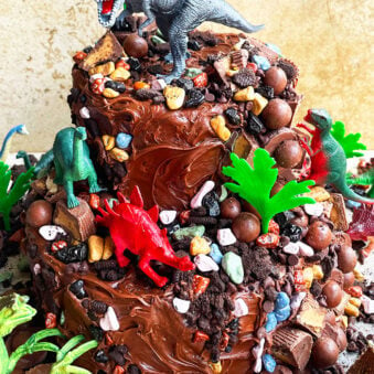 Easy Dinosaur Cake (Homemade Birthday Dino Cake) With Two Tiers on Rustic Background
