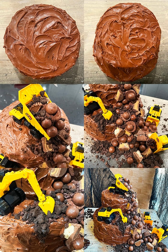 Collage Image With Step By Step Pictures on How to Make Construction Cake