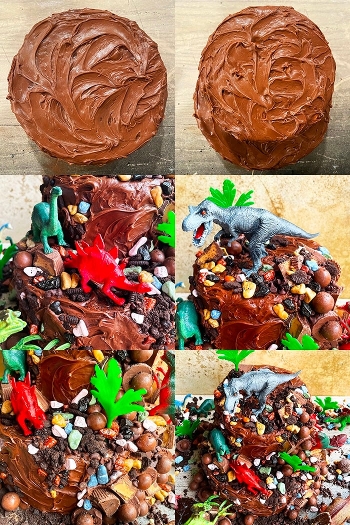 Collage Image With Step By Step Pictures on How to Make Dinosaur Cake 