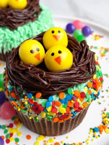 Easy Easter Cupcakes (Chick Cupcakes or Nest Cupcakes) on White Plate With Sprinkles