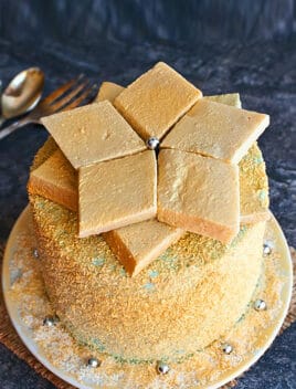 Easy Gold Cake (Metallic Golden Cake) on White Plate