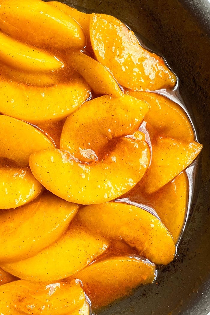 Easy Homemade Baked Peaches With Brown Sugar and Cinnamon in Nonstick Pan