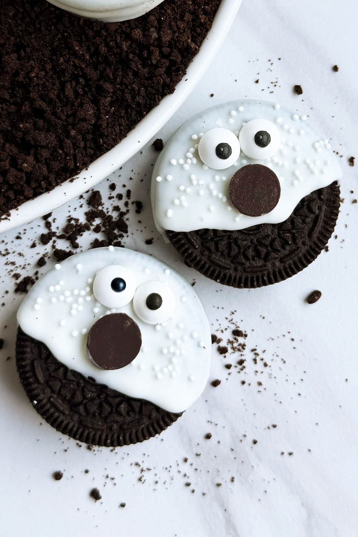 Easy Halloween Oreos on White Marble Background.  