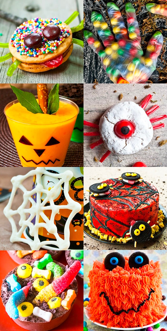 Halloween cake with candy eyes decoration on wooden table. Close