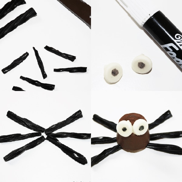 Collage Image With Step by Step Pictures on How to Make Chocolate Spiders Without Mold