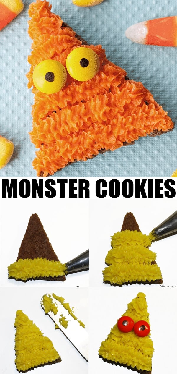 Collage Image With Step by Step Images on How to Make Easy Halloween Candy Corn Monster Cookies