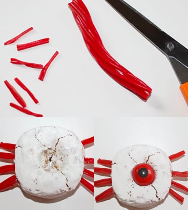 Collage Image With Step By Step Pictures on How to Make Spider Donuts