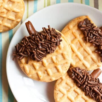Easy Acorn Cookies With Nutter Butter on White Dish- Overhead Shot.