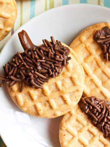 Easy Acorn Cookies With Nutter Butter on White Dish- Overhead Shot.