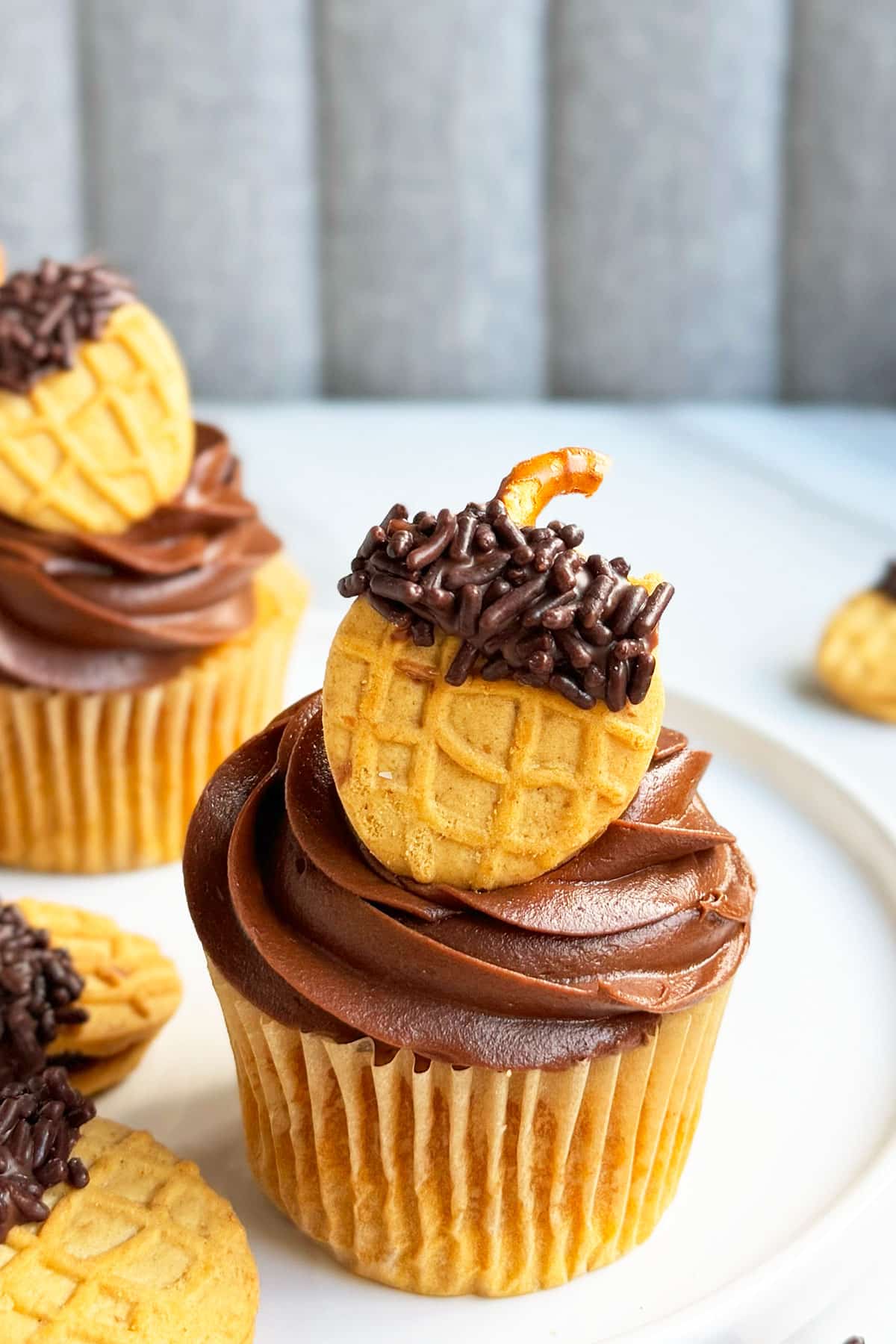 Easy chocolate frosted acorn cupcakes on white dish. 