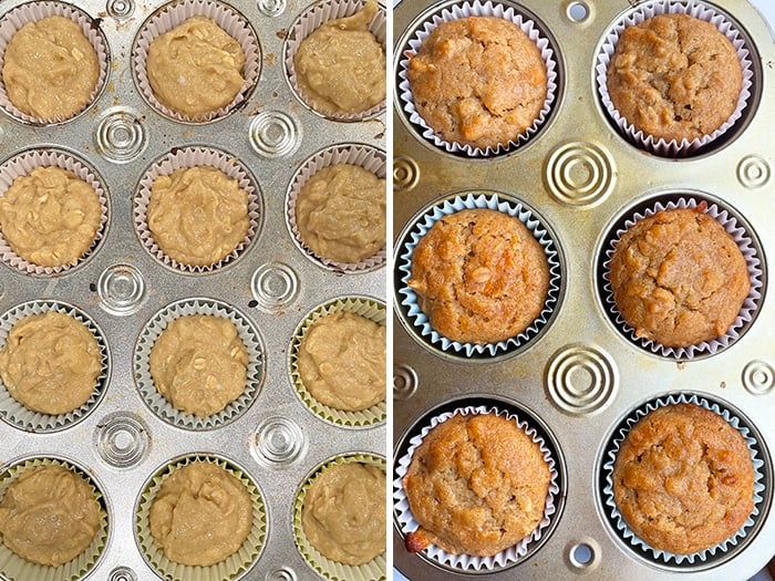 Collage Image With Baked and Unbaked Muffins in Foil Tray