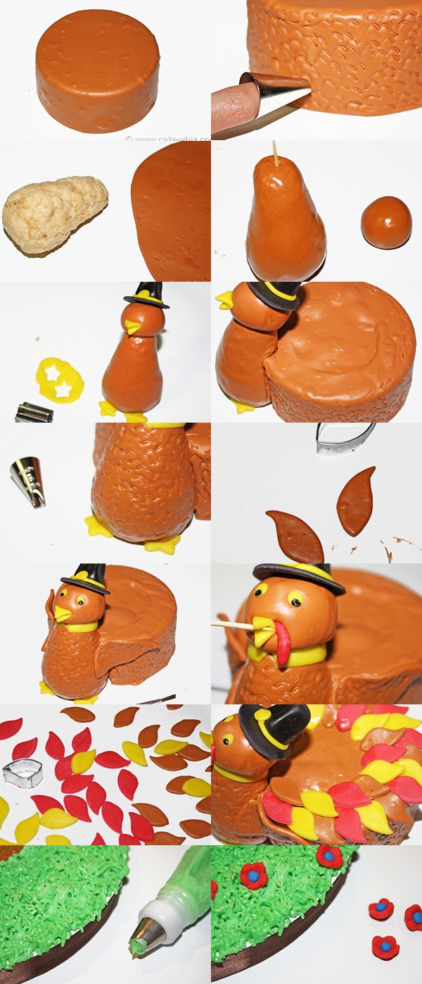 Collage Image With Step by Step Pictures on How to Make Thanksgiving Turkey Cake